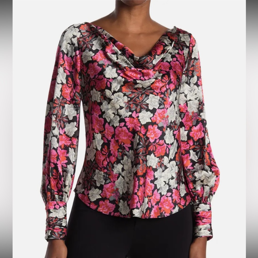Cinq à Sept Pink and Black Floral Silk Blouse